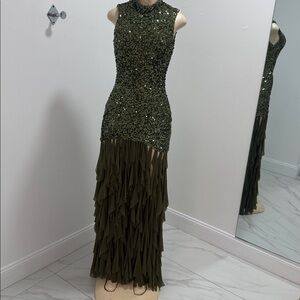 Green Sequins Fringe Maxi Dress